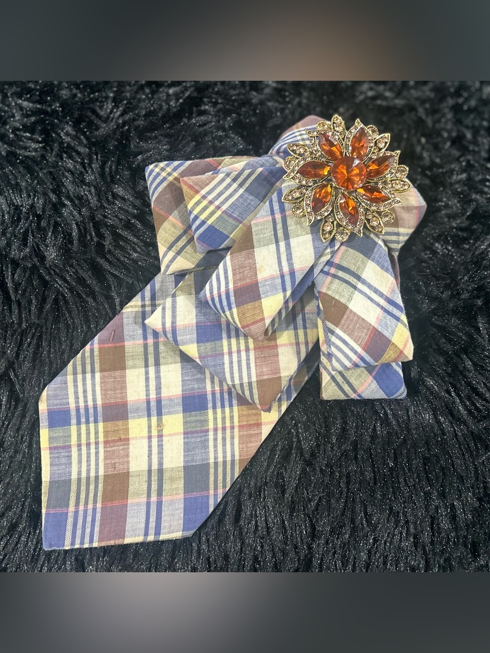 Plaid Bow Tie with Amber Crystal Brooch - Women Accessories